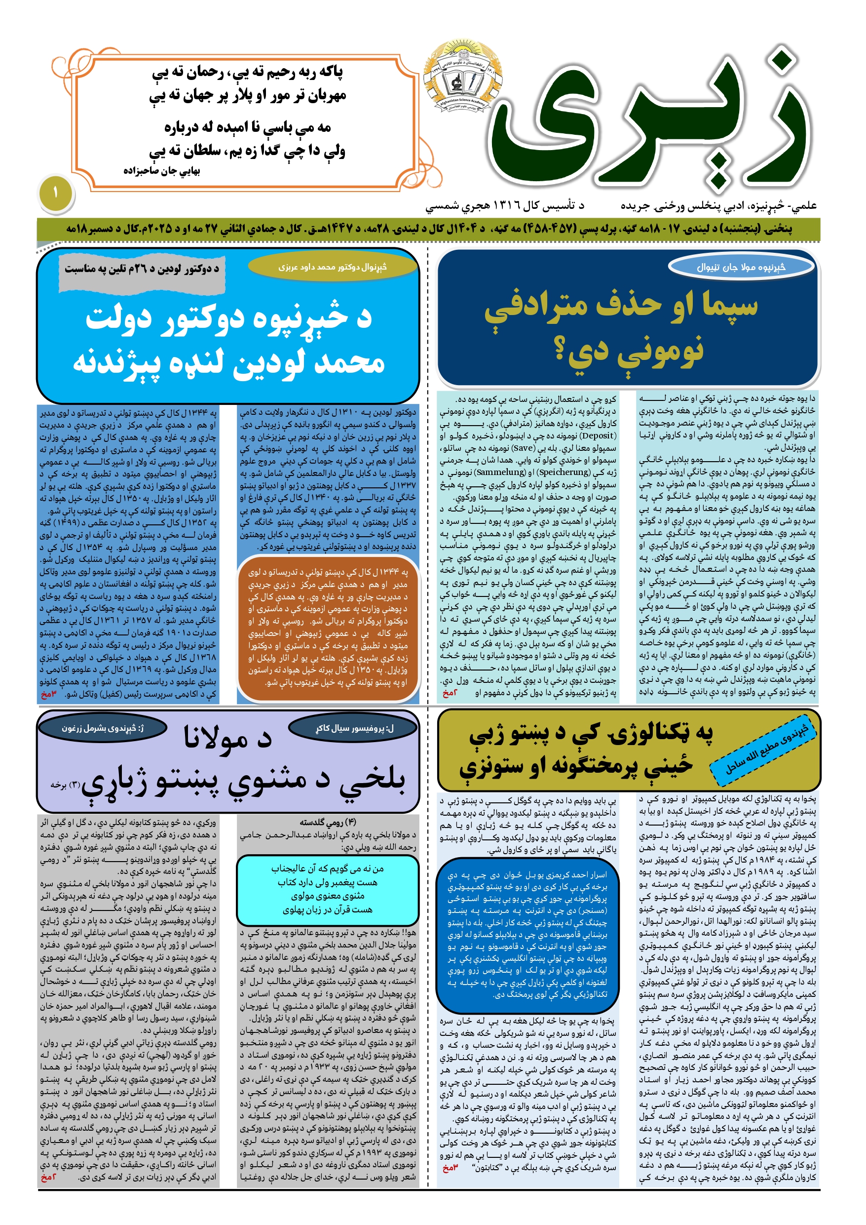 د زېري جريدې د ۱۴۰۴ل کال د ليندۍ او مرغومي مياشتې ګڼې چاپ شوې