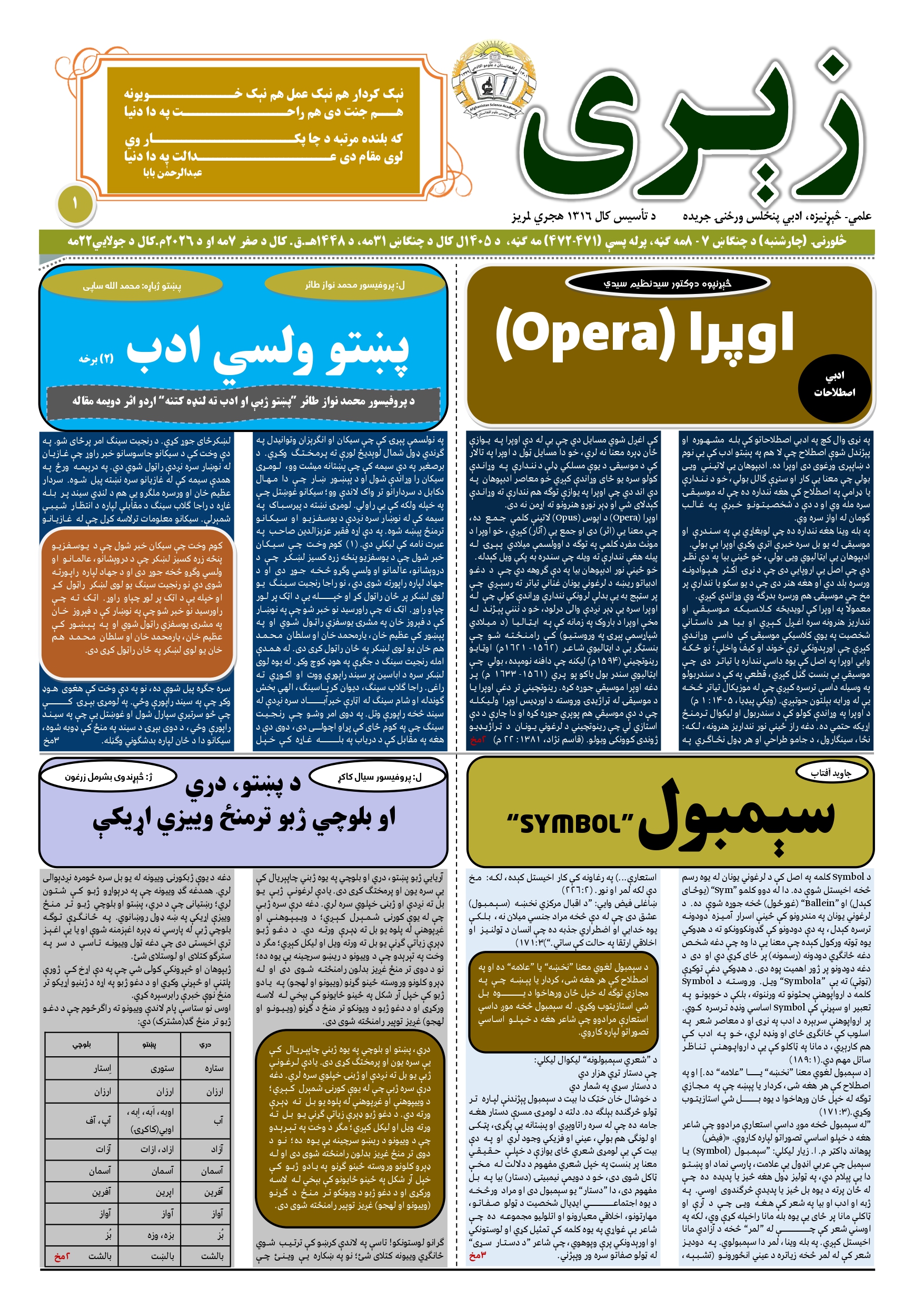 د زېري جريدې د ۱۴۰۵ل کال د غبرګولي او چنګاښ مياشتې دوه ګڼې چاپ شوې